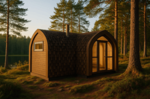 attēls, kurā attēlota koka moduļu māja