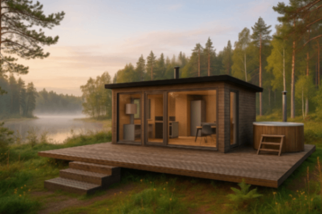 attēls, kurā attēlota koka moduļu māja