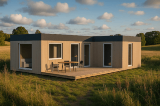 attēls, kurā attēlota koka moduļu māja