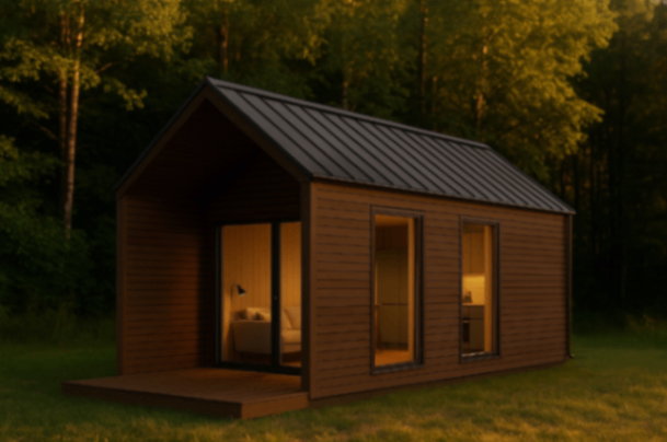 attēls, kurā attēlota koka moduļu māja