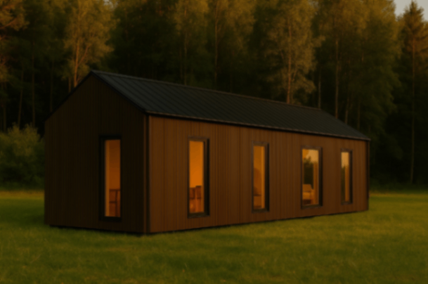 attēls, kurā attēlota koka moduļu māja